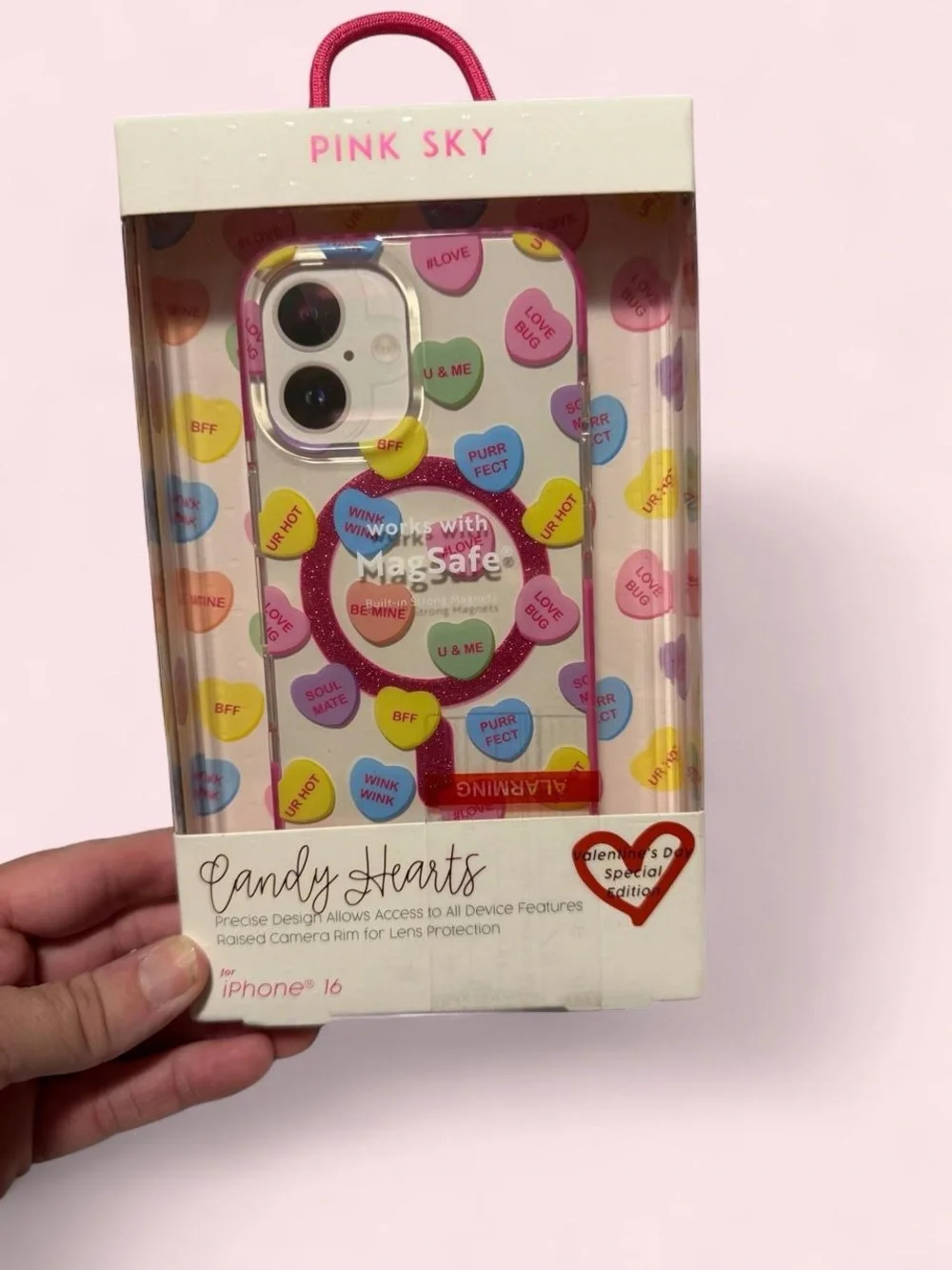 Pink Sky Candy Hearts MagSafe-Compatible iPhone Case – Pink